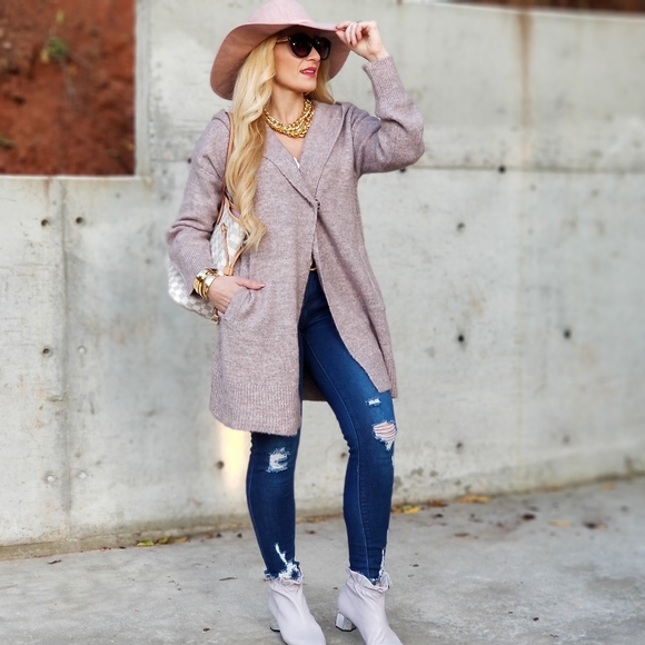 MODA ME COUTURE Sweaters - Mauve Open Front Knitted Cardigan w hoodie